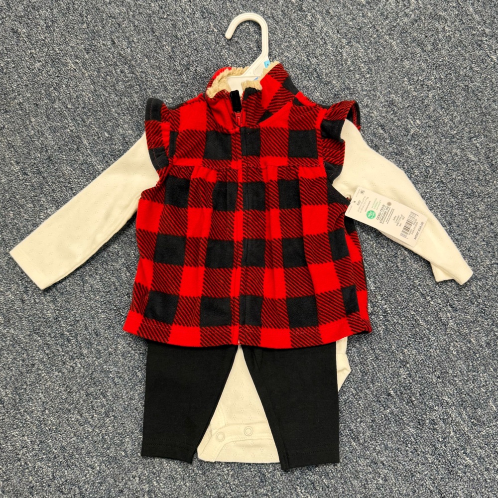 Carters Baby Girl Buffalo Plaid Vest with White Top and Black Leggings NWT